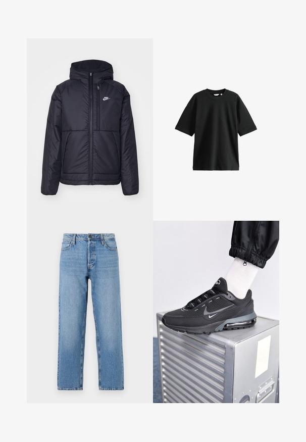 Chaqueta acolchada negra de Nike con cremallera frontal y capucha. Presenta un logo blanco en el lado izquierdo del pecho y dos bolsillos frontales. Textura exterior suave.; Camiseta negra de manga corta hecha de algodón, con cuello redondo y un corte holgado, con una textura suave y un diseño minimalista.; Jeans de denim azul claro con un diseño de pierna recta, que cuentan con un cierre de botón y cremallera, estilo de cinco bolsillos y un ligero desvanecimiento.; Nike Sportswear PULSE - Zapatillas - black/anthracite