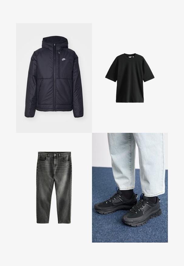 Zwarte, gewatteerde Nike-jas met een voorkant met ritssluiting en capuchon. Kenmerkt zich door een wit logo op de linkerborst en dubbele frontzakken. Gladde buitenkant.; Zwarte T-shirt met korte mouwen, gemaakt van katoen, met een ronde hals en een losse pasvorm. Het heeft een zachte textuur en minimale details.; Donkergrijze denim jeans in een relaxte pasvorm, met vijf zakken, subtiele vervaging en contrasterende stiksels. Metalen knoop- en ritsluiting.; Zwarte sportschoenen met gestructureerde stof en rubberen zolen, met elastische veters en een blauwe accent op de hiel. Draag samen met lichte spijkerbroeken.