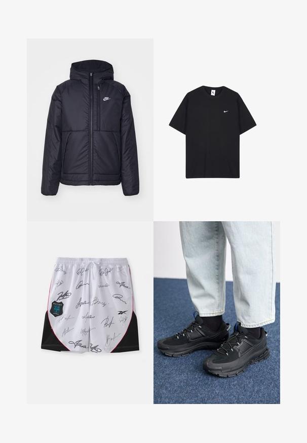 Svart, vadderad Nike-jacka med dragkedja framtill och huva. Har en vit logotyp på vänster bröst och dubbla framfickor. Slät yttextur.; Svart Nike t-shirt i bomull med rundad halsringning och korta ärmar. Inkluderar en liten vit Nike-logga på vänster bröst.; Vita shorts med svarta accenter och röda detaljer, prydda med flera svarta signaturer. Inkluderar en botter Antwerp-logotyp på vänster sida.; Svarta sportskor med texturerat tyg och gummisulor, med elastiska snörningar och en blå detalj på hälen. Bärs med ljusa jeans.