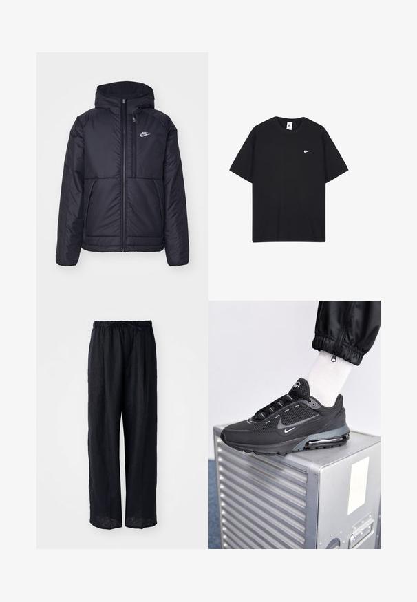 Zwarte, gewatteerde Nike-jas met een voorkant met ritssluiting en capuchon. Kenmerkt zich door een wit logo op de linkerborst en dubbele frontzakken. Gladde buitenkant.; Zwarte Nike t-shirt van katoen, met een ronde hals en korte mouwen. Bevat een klein wit Nike-logo op de linkerborst.; Zwarte linnen wijde broek met een trekkoord in de taille en ontspannen pasvorm. Gladde textuur, geen zichtbare patronen of hardwaredetails.; Nike Sportswear PULSE - Sneakers laag - black/anthracite