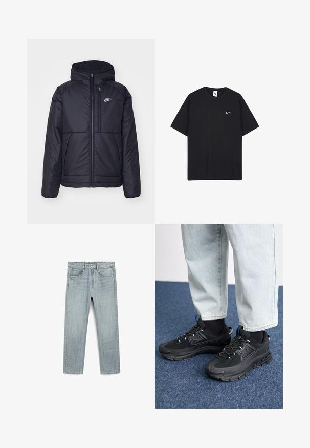 Sort, polstret Nike-jakke med frontlynlås og hætte. Har et hvidt logo på venstre bryst og to frontlommer. Glat ydre tekstur.; Sort Nike t-shirt lavet af bomuld, med rund halsudskæring og korte ærmer. Indeholder et lille hvidt Nike-logo på venstre bryst.; Lys blå denimjeans med lige snit, fem lommer og en synlig knap- og lynlåslukning. Glat tekstur med let falmning.; Sorte træningssko med tekstureret stof og gummisåler, udstyret med elastiske snørebånd og en blå detalje på hælen. Bæres med lyse denimbukser.