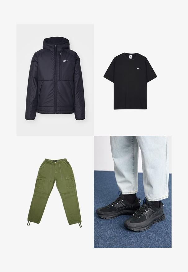 Czarna, pikowana kurtka Nike z przednim zamkiem błyskawicznym i kapturem. Posiada białe logo po lewej stronie klatki piersiowej oraz podwójne kieszenie z przodu. Gładka struktura zewnętrzna.; Czarna koszulka Nike wykonana z bawełny, z okrągłym dekoltem i krótkimi rękawami. Zawiera małe białe logo Nike na lewej piersi.; Oliwkowe spodnie cargo wykonane z lekkiego materiału, wyposażone w elastyczny pas, sznurki i liczne boczne kieszenie.; Czarne buty sportowe z teksturowanej tkaniny i gumowymi podeszwami, z elastycznymi sznurówkami i niebieskim akcentem na pięcie. Noszone z jasnymi dżinsami.