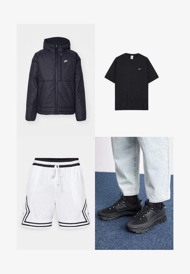 Jachetă Nike neagră, căptușită, cu fermoar pe față și glugă. Prezintă un logo alb pe pieptul stâng și două buzunare frontale. Textură exterioară netedă.; Tricou negru Nike din bumbac, cu guler rotund și mâneci scurte. Include un mic logo alb Nike pe pieptul stâng.; Pantaloni scurți sport albi, din material perforat. Prezintă un brâu elastic negru cu șnur și dungi laterale negre în model de zigzag.; Pantofi sport negri, cu țesătură texturată și tălpi din cauciuc, având șireturi elastice și un accent albastru pe toc. Purtați cu pantaloni din denim deschis.