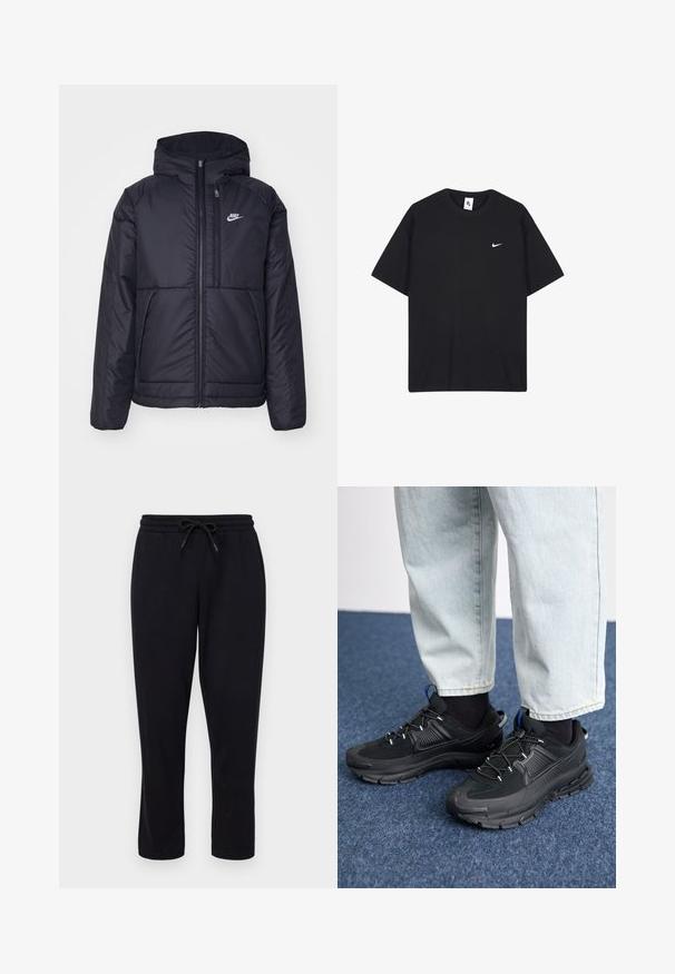 Sort, polstret Nike-jakke med frontlynlås og hætte. Har et hvidt logo på venstre bryst og to frontlommer. Glat ydre tekstur.; Sort Nike t-shirt lavet af bomuld, med rund halsudskæring og korte ærmer. Indeholder et lille hvidt Nike-logo på venstre bryst.; Only & Sons ONSCONNOR STRAIGHT PANTS - Træningsbukser - black; Sorte træningssko med tekstureret stof og gummisåler, udstyret med elastiske snørebånd og en blå detalje på hælen. Bæres med lyse denimbukser.