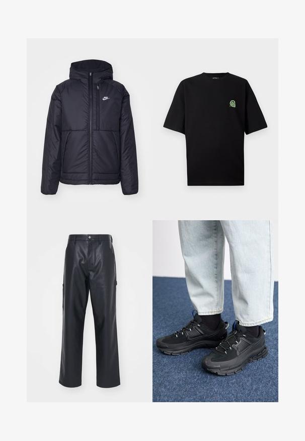 Černá zateplená bunda Nike s předním zipem a kapucí. Na levé straně hrudi má bílé logo a dvojité přední kapsy. Hladký povrch.; Černé tričko s krátkým rukávem vyrobené z bavlny, na levé straně hrudi s zeleným logem. Kulatý výstřih, volný střih a hladká textura.; Černé kožené kalhoty s hladkou strukturou, širokým střihem a bočními kapsami. Obsahují zapínání na knoflík a poutka na opasek.; Černé sportovní boty s texturovanou tkaninou a gumovou podrážkou, s elastickými tkaničkami a modrým akcentem na patě. Nosí se s světlými džíny.