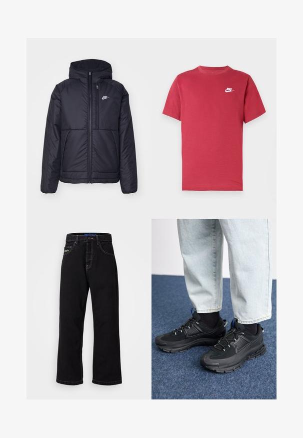 Fekete, párnázott Nike dzseki elülső cipzárral és kapucnival. A bal mellen fehér logó található, valamint két elülső zseb. Simának tűnő külső felület.; Piros rövid ujjú Nike póló fehér logóval a bal mellkason, kerek nyakkivágással és egyszínű mintával, semleges háttéren.; Fekete farmer nadrág egyenes szabással, kontrasztos varrással és oldalzsebbel. Figyelemre méltó zöld logó az elülső bal zsebben.; Fekete sportcipők texturált anyaggal és gumitalppal, elasztikus fűzőkkel és kék kiegészítővel a saroknál. Világos farmernadrággal viselve.