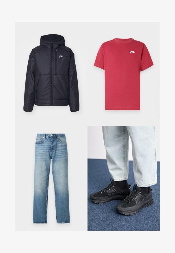 Black, padded Nike jacket with a front zipper and hood. Features a white logo on the left chest and dual front pockets. Smooth exterior texture.; Red short-sleeve Nike t-shirt with white logo on the left chest, crew neckline, and plain design on a neutral background.; Light blue denim jeans with a straight cut, featuring a button closure, five pockets, and subtle fading near the hem. Flat texture.; Black athletic shoes with textured fabric and rubber soles, featuring elastic laces and a blue accent on the heel. Worn with light denim pants.
