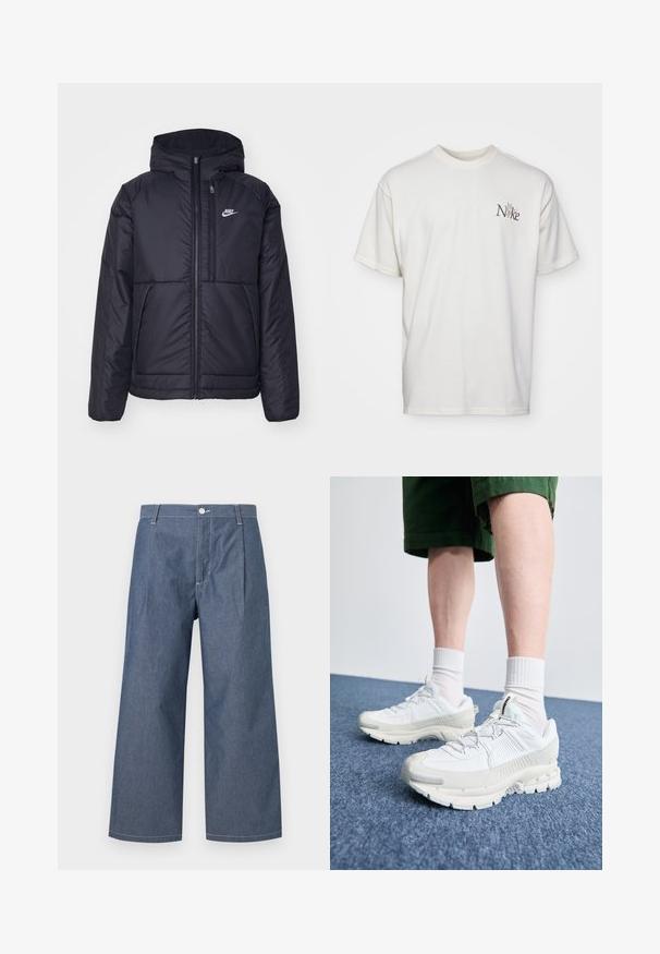 Jachetă Nike neagră, căptușită, cu fermoar pe față și glugă. Prezintă un logo alb pe pieptul stâng și două buzunare frontale. Textură exterioară netedă.; Tricou din bumbac alb, cu un logo Nike brodat de culoare maronie pe partea stângă a pieptului. Croială lejeră, cu mâneci scurte și un gât rotund.; Pantaloni din denim ușor, într-o nuanță de albastru închis, având talie înaltă, picioare largi, pliuri frontale și închidere cu nasture.; Pantofi sport albi cu suprapuneri texturate, talpă masivă și accente gri. Purtați cu șosete albe până la glezne și pantaloni scurți verzi pe o suprafață albastră.