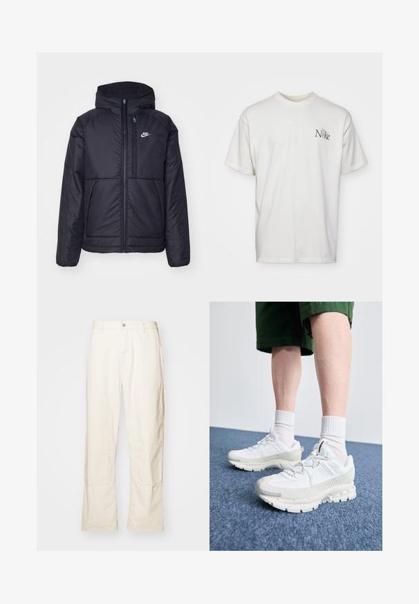 Fekete, párnázott Nike dzseki elülső cipzárral és kapucnival. A bal mellen fehér logó található, valamint két elülső zseb. Simának tűnő külső felület.; Fehér pamut póló, bal mellen hímzett barna Nike logóval. Laza fazon, rövid ujjú és kerek nyakú.; Krém színű, bő szárú pamut nadrág, oldalsó zsebekkel, gombos záródással és diszkrét varrási részletekkel.; Fehér sportcipők texturált burkolattal, vastag talppal és szürke részletekkel. Fehér sportzoknival és zöld rövidnadrággal viselve, kék felületen.