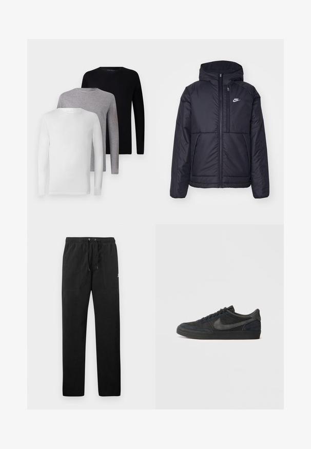 Casaco Nike preto, acolchoado, com fecho à frente e capuz. Apresenta um logo branco no lado esquerdo do peito e dois bolsos frontais. Textura exterior lisa.; Conjunto de cinco camisetas de manga longa: preto, branco, cinza. Feitas de algodão, com decotes redondos e designs simples, sem ornamentação.; Calças de fato de treino pretas feitas de polar, com uma cintura elástica e cordões, dois bolsos frontais e um pequeno logótipo na coxa.; Sapatilhas de camurça negras com perfil baixo, sola de borracha, painéis laterais texturizados e logotipo Swoosh da Nike em tom semelhante. Com atacadores na parte da frente e collar almofadado.