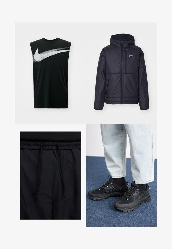 Must musta Nike jope, millel on ees lukuga avamine ja kapuuts. Vasakpoolne rind on kaunistatud valge logoga ning ees on kaks taskut. Sile välimine tekstuur.; Nike Performance TEE - Topp - black; Mustad lühikesed püksid, millel on paelaga vöökoht, kerge kangas, mis on sileda tekstuuriga ning lihtne disain ilma nähtavate logode või mustriteta.; Mustad mustad jooksukingad, millel on tekstureeritud kangas ja kummist tallad, elastsed nöörid ning sinine aksent kandadel. Kandmine heledate teksadega.