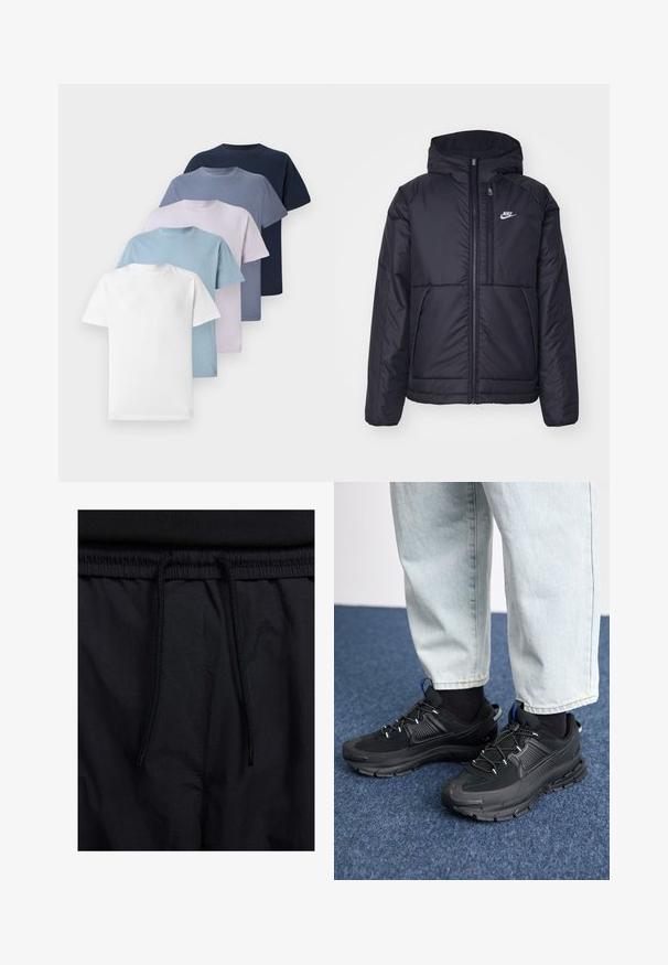 Svart, polstret Nike-jakke med frontglidelås og hette. Har en hvit logo på venstre bryst og doble frontlommer. Glatt ytterside.; Fem crew-neck t-skjorter i forskjellige farger: hvit, lyseblå, lys lilla, mørk blå og marineblå. Laget av bomull med korte ermer.; Sorte shorts med snor i livet, lett stoff med en jevn tekstur, og et enkelt design uten synlige logoer eller mønstre.; Svarte sportssko med teksturert stoff og gummisåler, med elastiske lisser og en blå detalj på hælen. Brukt med lyse denimbukser.