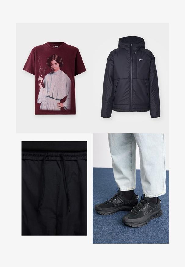 Svart, vadderad Nike-jacka med dragkedja framtill och huva. Har en vit logotyp på vänster bröst och dubbla framfickor. Slät yttextur.; Bordeaux bomull t-shirt med en grafisk tryck av en karaktär i en grå klänning, med en blaster i handen och håret stylat i knutar.; Svarta shorts med dragsko i midjan, lättviktig tyg med en slät yta och en enkel design utan synliga logotyper eller mönster.; Svarta sportskor med texturerat tyg och gummisulor, med elastiska snörningar och en blå detalj på hälen. Bärs med ljusa jeans.