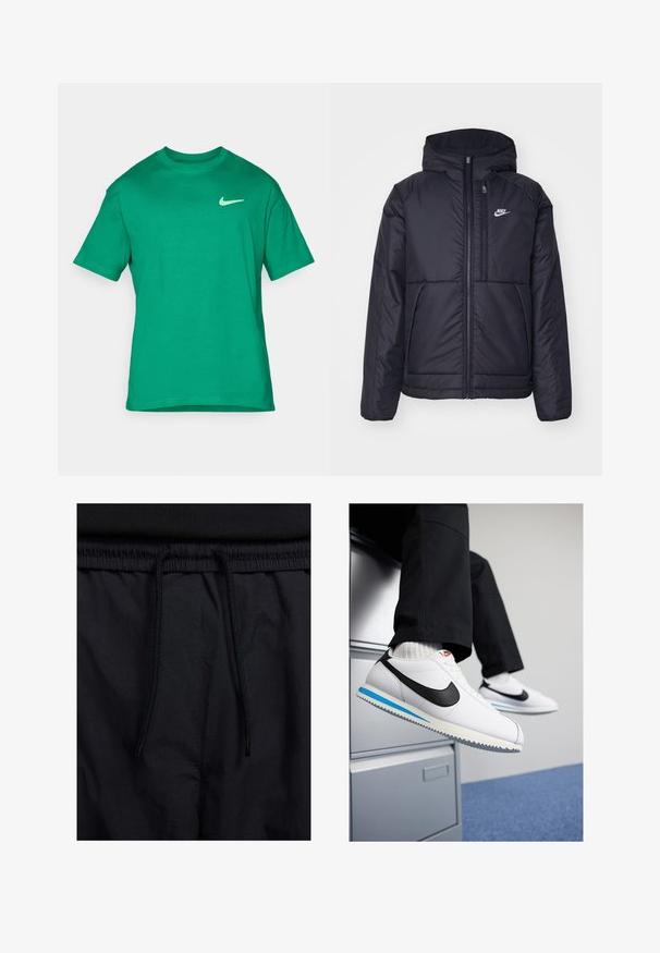 Černá zateplená bunda Nike s předním zipem a kapucí. Na levé straně hrudi má bílé logo a dvojité přední kapsy. Hladký povrch.; Zelené bavlněné tričko s kulatým výstřihem, krátkými rukávy a malým bílým logem Nike na levém prsou. Hladká textura, standardní střih.; Černé šortky s páskem na šňůrku, lehký materiál s hladkou texturou a jednoduchý design bez viditelných log nebo vzorů.; Bílé kožené tenisky s černým logem Nike, světle modrou a šedou gumovou podrážkou a klasickým šněrovacím designem. Nohy odpočívají na skříni.