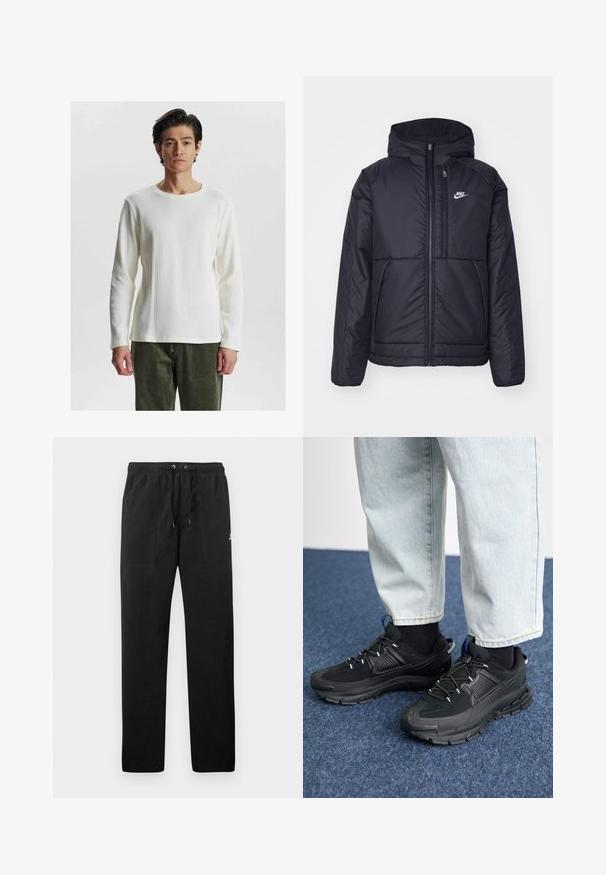 Schwarze, gepolsterte Nike-Jacke mit Frontreißverschluss und Kapuze. Hat ein weißes Logo auf der linken Brust und zwei Fronttaschen. Glattes äußeres Material.; Weißes langärmeliges, geripptes Oberteil mit Rundhals-Ausschnitt, das ein strukturiertes Muster und eng anliegende Ärmel aufweist, kombiniert mit olivgrünen Hosen.; Schwarze Sweatpants aus Fleece, mit einem elastischen Bund mit Kordelzug, zwei Fronttaschen und einem kleinen Logo auf dem Oberschenkel.; Schwarze Sportschuhe aus strukturiertem Stoff mit Gummisohlen, ausgestattet mit elastischen Schnürsenkeln und einem blauen Akzent an der Ferse. Getragen mit hellen Jeans.