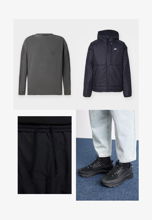 Must musta Nike jope, millel on ees lukuga avamine ja kapuuts. Vasakpoolne rind on kaunistatud valge logoga ning ees on kaks taskut. Sile välimine tekstuur.; Hallide hallastee T-särk, mis on valmistatud puuvilla segust, ümar kaelus, peene logoga ja abstraktsed disainid varrukatel; pehme tekstuur.; Mustad lühikesed püksid, millel on paelaga vöökoht, kerge kangas, mis on sileda tekstuuriga ning lihtne disain ilma nähtavate logode või mustriteta.; Mustad mustad jooksukingad, millel on tekstureeritud kangas ja kummist tallad, elastsed nöörid ning sinine aksent kandadel. Kandmine heledate teksadega.