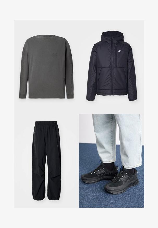 Schwarze, gepolsterte Nike-Jacke mit Frontreißverschluss und Kapuze. Hat ein weißes Logo auf der linken Brust und zwei Fronttaschen. Glattes äußeres Material.; Graues Langarm-T-Shirt aus Baumwollmischung, mit Rundhalsausschnitt, verfügt über ein dezentes Logo und abstrakte Designs auf den Ärmeln; weiche Textur.; Schwarze leichte Cargo-Hosen mit elastischem Bund, seitlichen Reißverschlüssen und geräumigen Taschen. Bietet eine lockere Passform und tapered Bündchen.; Schwarze Sportschuhe aus strukturiertem Stoff mit Gummisohlen, ausgestattet mit elastischen Schnürsenkeln und einem blauen Akzent an der Ferse. Getragen mit hellen Jeans.