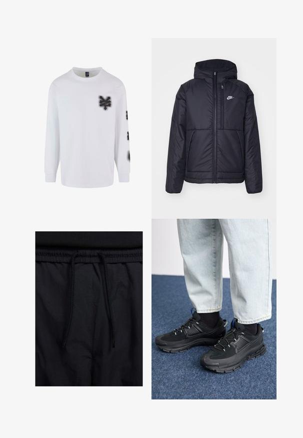 Juodas, paminkštintas Nike džemperis su priekyje užtrauktuku ir gobtuvu. Pasižymi balta logo kairėje krūtinės pusėje ir dviem priekinėmis kišenėmis. Su lygiu išoriniu paviršiumi.; Ilga rankovė balta medvilninė marškinėliai su juodais purškiamais grafikos elementais kairiajame krūtinės ir rankovės šone. Klasikinis apykaklės dizainas.; Juodos šortai su raišteliu juosmens srityje, lengva medžiaga su lygiu paviršiumi ir paprastas dizainas be matomų logotipų ar raštų.; Juodi sportiniai bateliai su tekstūruota medžiaga ir guminiais padais, su elastingomis raišteliais ir mėlynu akcentu ant kulno. Dėvimi su šviesiai mėlynomis džinsinėmis kelnėmis.