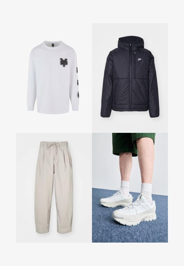 Fekete, párnázott Nike dzseki elülső cipzárral és kapucnival. A bal mellen fehér logó található, valamint két elülső zseb. Simának tűnő külső felület.; Hosszú ujjú, fehér póló, pamutból készült, fekete, fújógrafikus mintákkal a bal mellrészen és az ujján. Klasszikus kerek nyakú dizájn.; Beige, könnyű nadrág, rugalmas derékkal és zsinórral. Ráncokkal és laza szabással rendelkezik, puha, sima anyagból készült.; Fehér sportcipők texturált burkolattal, vastag talppal és szürke részletekkel. Fehér sportzoknival és zöld rövidnadrággal viselve, kék felületen.