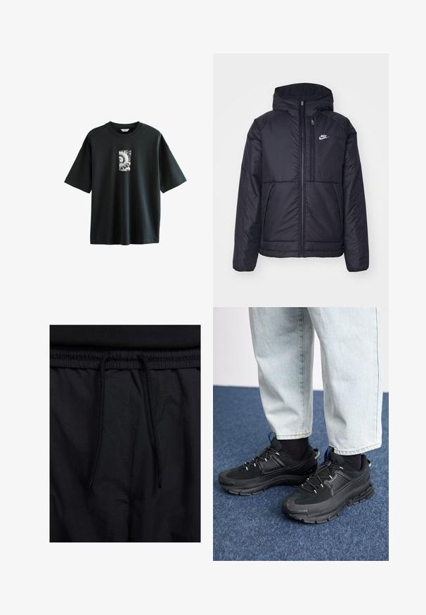 Juodas, paminkštintas Nike džemperis su priekyje užtrauktuku ir gobtuvu. Pasižymi balta logo kairėje krūtinės pusėje ir dviem priekinėmis kišenėmis. Su lygiu išoriniu paviršiumi.; Next JAPANESE SURF GRAPHIC - Marškinėliai su spaudiniu - black; Juodos šortai su raišteliu juosmens srityje, lengva medžiaga su lygiu paviršiumi ir paprastas dizainas be matomų logotipų ar raštų.; Juodi sportiniai bateliai su tekstūruota medžiaga ir guminiais padais, su elastingomis raišteliais ir mėlynu akcentu ant kulno. Dėvimi su šviesiai mėlynomis džinsinėmis kelnėmis.