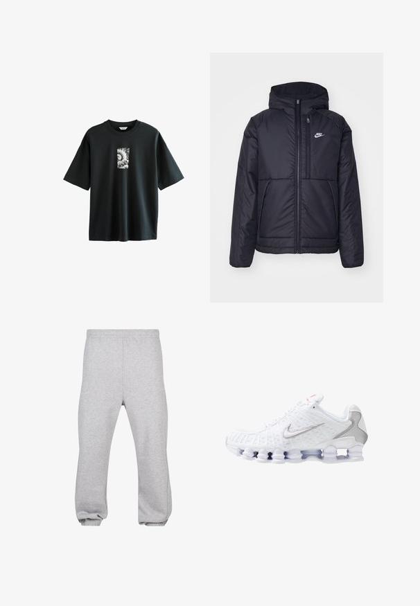 Chaqueta acolchada negra de Nike con cremallera frontal y capucha. Presenta un logo blanco en el lado izquierdo del pecho y dos bolsillos frontales. Textura exterior suave.; Next JAPANESE SURF GRAPHIC - Camiseta estampada - black; Pantalones de chándal grises hechos de una mezcla de algodón, con cintura elástica, piernas ajustadas y dobladillos acampanados. Diseño simple sin patrones.; Zapatilla deportiva blanca con una parte superior de malla texturizada, logotipo de Nike plateado, cuello acolchado y una única suela de plástico transparente con muelles.