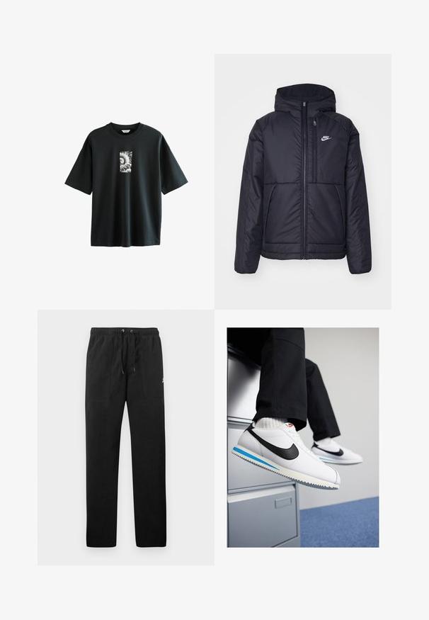 Zwarte, gewatteerde Nike-jas met een voorkant met ritssluiting en capuchon. Kenmerkt zich door een wit logo op de linkerborst en dubbele frontzakken. Gladde buitenkant.; Next JAPANESE SURF GRAPHIC - T-shirt print - black; Zwarte sweatpants van fleece, met een elastische tailleband met trekkoorden, twee voorzakken en een klein logo op de dij.; Witte leren sneakers met een zwarte Nike swoosh, lichtblauwe en grijze rubberen zool, en een klassiek vetersluiting ontwerp. Voeten rustend op een archiefkast.