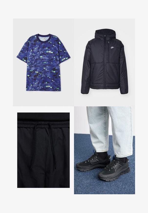 Casaco Nike preto, acolchoado, com fecho à frente e capuz. Apresenta um logo branco no lado esquerdo do peito e dois bolsos frontais. Textura exterior lisa.; T-shirt de manga curta em azul marinho com padrões verdes semelhantes a folhas, decote redondo e um pequeno logótipo em destaque no peito. Material de algodão.; Calções pretos com um cós elástico ajustável, fabricados em tecido leve com uma textura suave e um design simples, sem logótipos ou padrões visíveis.; Sapatilhas desportivas pretas com tecido texturizado e solas em borracha, apresentando atacadores elásticos e um detalhe azul no calcanhar. Usadas com calças de ganga claras.