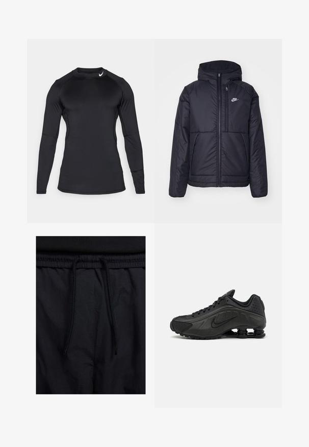 Black, padded Nike jacket with a front zipper and hood. Features a white logo on the left chest and dual front pockets. Smooth exterior texture.; Black long-sleeve athletic shirt made of smooth, stretchy fabric with a crew neckline and discreet logo on the upper left.; Black shorts featuring a drawstring waistband, lightweight fabric with a smooth texture, and a simple design without visible logos or patterns.; Black running shoes featuring a smooth synthetic upper, perforated accents, textured side panels, and a distinct springy sole.