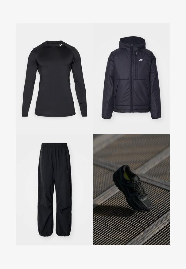 Juodas, paminkštintas Nike džemperis su priekyje užtrauktuku ir gobtuvu. Pasižymi balta logo kairėje krūtinės pusėje ir dviem priekinėmis kišenėmis. Su lygiu išoriniu paviršiumi.; Juodas ilgomis rankovėmis sportinis marškinėliai, pagaminti iš lygaus, elastingo audinio, su apykakle ir diskretišku logotipu viršutiniame kairiajame kampe.; Juodos lengvos krovininės kelnės su elastinga juosmeniu, šoninėmis užtrauktukais ir erdviomis kišenėmis. Turi laisvą prigludimą ir siaurėjančius rankogalius.; Juodas sportinis batelis su tinklo ir sintetinės medžiagos viršumi, tekstūruota paviršiumi, paminkštintu padu ir raišteliais. Ryškiai geltonos vidinės akcentai.