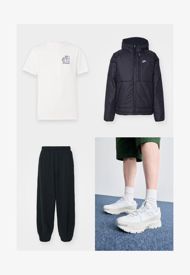 Melna, pufota Nike jaka ar priekšējo rāvējslēdzēju un kapuci. Iezīmēta ar baltu logotipu uz kreisās krūtis un divām priekšējām kabatām. Gluda ārējā tekstūra.; Īsām piedurknēm balts t-krekls, izgatavots no kokvilnas, ar zilu grafiku uz krūtīm, uz kuras attēlots rakunam blakus atkritumu tvertnei un teksts "STANCE."; Melnas sporta bikses ar elastīgu jostasvietu, brīvu piegriezumu, aprocēm ap potītēm, gludu tekstūru, un bez redzamām rakstu vai aparatūras akcentiem.; Baltas sporta apavi ar teksturētām detaļām, masīvu zoli un pelēkiem akcentiem. Valkāti ar baltiem zeķu pēdu apģērbiem un zaļām šortiem uz zilas virsmas.