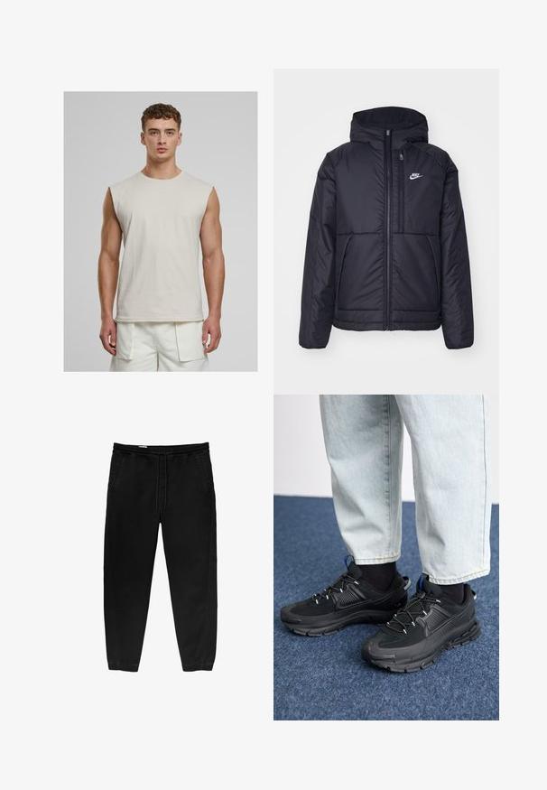 Black, padded Nike jacket with a front zipper and hood. Features a white logo on the left chest and dual front pockets. Smooth exterior texture.; Urban Classics OPEN EDGE SLEEVELESS - Top - cloud; Black elastic waistband pants with a drawstring, tapered legs, side pockets, and subtle side stitching details. Soft cotton fabric texture.; Black athletic shoes with textured fabric and rubber soles, featuring elastic laces and a blue accent on the heel. Worn with light denim pants.