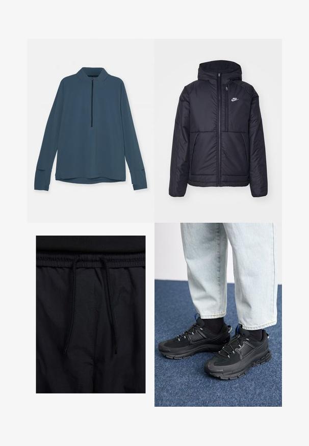 Schwarze, gepolsterte Nike-Jacke mit Frontreißverschluss und Kapuze. Hat ein weißes Logo auf der linken Brust und zwei Fronttaschen. Glattes äußeres Material.; Langärmliger Pullover aus dunkelblauem Stoff mit einem Reißverschlusskragen, Raglanärmeln und Schlitzen an den Bündchen. Glatte, leichte Textur.; Schwarze Shorts mit einem Kordelzugbund, leichtem Stoff mit glatter Textur und einem schlichten Design ohne sichtbare Logos oder Muster.; Schwarze Sportschuhe aus strukturiertem Stoff mit Gummisohlen, ausgestattet mit elastischen Schnürsenkeln und einem blauen Akzent an der Ferse. Getragen mit hellen Jeans.
