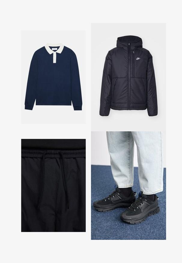 Casaco Nike preto, acolchoado, com fecho à frente e capuz. Apresenta um logo branco no lado esquerdo do peito e dois bolsos frontais. Textura exterior lisa.; Camisa polo de manga longa azul-marinho com colarinho branco canelado e placket de três botões. Textura suave, bainha de corte reto e punhos canelados.; Calções pretos com um cós elástico ajustável, fabricados em tecido leve com uma textura suave e um design simples, sem logótipos ou padrões visíveis.; Sapatilhas desportivas pretas com tecido texturizado e solas em borracha, apresentando atacadores elásticos e um detalhe azul no calcanhar. Usadas com calças de ganga claras.