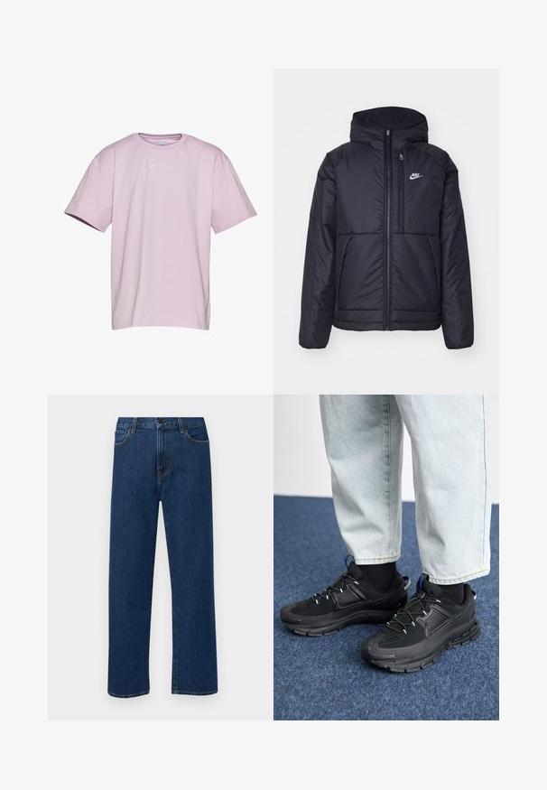 Juodas, paminkštintas Nike džemperis su priekyje užtrauktuku ir gobtuvu. Pasižymi balta logo kairėje krūtinės pusėje ir dviem priekinėmis kišenėmis. Su lygiu išoriniu paviršiumi.; Levanduolės trumpas rankovės marškinėlis, pagamintas iš medvilnės, su balta logotipu ant krūtinės, laisvo kirpimo ir apvalia iškirpte.; Tamsiai mėlynos tiesaus žandikaulio džinsai su priekinėmis kišenėmis ir mygtuko uždarymu, rodantys ant paprasto balto fono.; Juodi sportiniai bateliai su tekstūruota medžiaga ir guminiais padais, su elastingomis raišteliais ir mėlynu akcentu ant kulno. Dėvimi su šviesiai mėlynomis džinsinėmis kelnėmis.
