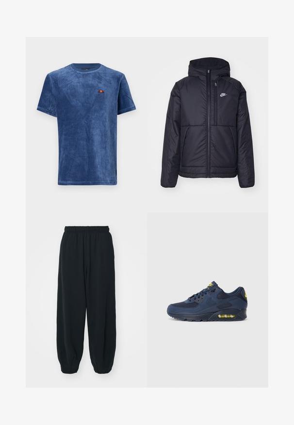 Černá zateplená bunda Nike s předním zipem a kapucí. Na levé straně hrudi má bílé logo a dvojité přední kapsy. Hladký povrch.; Modrá kordurová tričko s kulatým výstřihem a krátkým rukávem. Obsahuje malé logo na hrudi. Měkká textura s vertikálním ribem.; Černé teplákové kalhoty s elastickým pasem, volným střihem, manžetami na kotnících, hladkým povrchem a bez viditelných vzorů či kovových detailů.; Tmavě modré tenisky Nike Air Max se svrškem z semiše a síťoviny, s žlutými akcenty, šněrováním vpředu a viditelným vzduchovým polstrováním v podrážce.