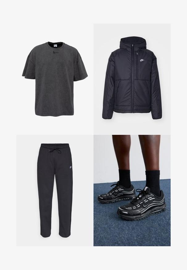 Juodas, paminkštintas Nike džemperis su priekyje užtrauktuku ir gobtuvu. Pasižymi balta logo kairėje krūtinės pusėje ir dviem priekinėmis kišenėmis. Su lygiu išoriniu paviršiumi.; Pilkas per didelis marškinėliai, pagaminti iš medvilnės mišinio, su apvalia apykakle ir trumpomis rankovėmis. Ant krūtinės matomas subtilus išsiuvinėtas logotipas.; Juodos sportinės kelnės, pagamintos iš minkštos medžiagos, su elastinga juostele, raišteliu ir mažuoju Nike logotipu kairiajame šlaunyje.; Juodi Nike batai turi orui pralaidžią viršutinę dalį su akcento juostelėmis, tekstūruotais raišteliais ir juodu guminio pado. Dėvimi su juodais šonkauliniais sokais.