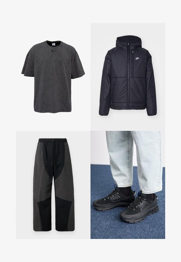Juodas, paminkštintas Nike džemperis su priekyje užtrauktuku ir gobtuvu. Pasižymi balta logo kairėje krūtinės pusėje ir dviem priekinėmis kišenėmis. Su lygiu išoriniu paviršiumi.; Pilkas per didelis marškinėliai, pagaminti iš medvilnės mišinio, su apvalia apykakle ir trumpomis rankovėmis. Ant krūtinės matomas subtilus išsiuvinėtas logotipas.; Juodi kelnės su vilnoniu akcentu, laisvu kirpimu, su kontrastingomis tamsiai pilkomis medžiagos panelėmis ir reguliuojamu raišteliu juosmenyje.; Juodi sportiniai bateliai su tekstūruota medžiaga ir guminiais padais, su elastingomis raišteliais ir mėlynu akcentu ant kulno. Dėvimi su šviesiai mėlynomis džinsinėmis kelnėmis.