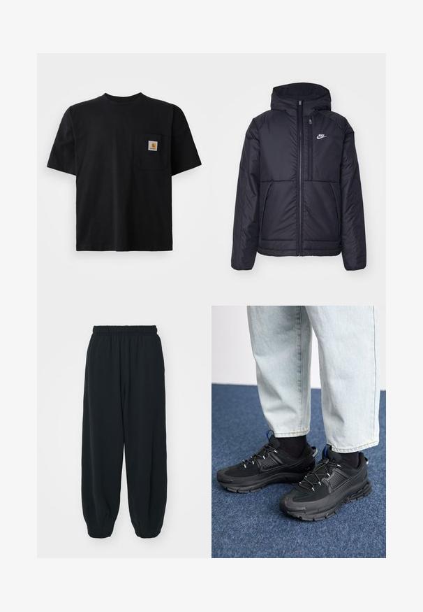 Casaco Nike preto, acolchoado, com fecho à frente e capuz. Apresenta um logo branco no lado esquerdo do peito e dois bolsos frontais. Textura exterior lisa.; T-shirt preta de manga curta com gola redonda e um pequeno logo quadrado da Carhartt no bolso esquerdo do peito.; Calças de fato de treino pretas, com cintura elástica e um corte solto, com punhos nas pernas, textura suave e sem padrões visíveis ou detalhes de metal.; Sapatilhas desportivas pretas com tecido texturizado e solas em borracha, apresentando atacadores elásticos e um detalhe azul no calcanhar. Usadas com calças de ganga claras.