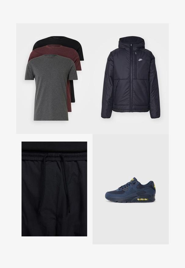 Svart, polstret Nike-jakke med frontglidelås og hette. Har en hvit logo på venstre bryst og doble frontlommer. Glatt ytterside.; Tre korte ermers t-skjorter i mørk grå, burgunder og svart. Laget av myk bomull, med rund hals og en avslappet passform.; Sorte shorts med snor i livet, lett stoff med en jevn tekstur, og et enkelt design uten synlige logoer eller mønstre.; Marineblå Nike Air Max sneakers med overdel i ruskind og mesh, med gule detaljer, snørebånd fortil og synlig luftdæmpning i sålen.