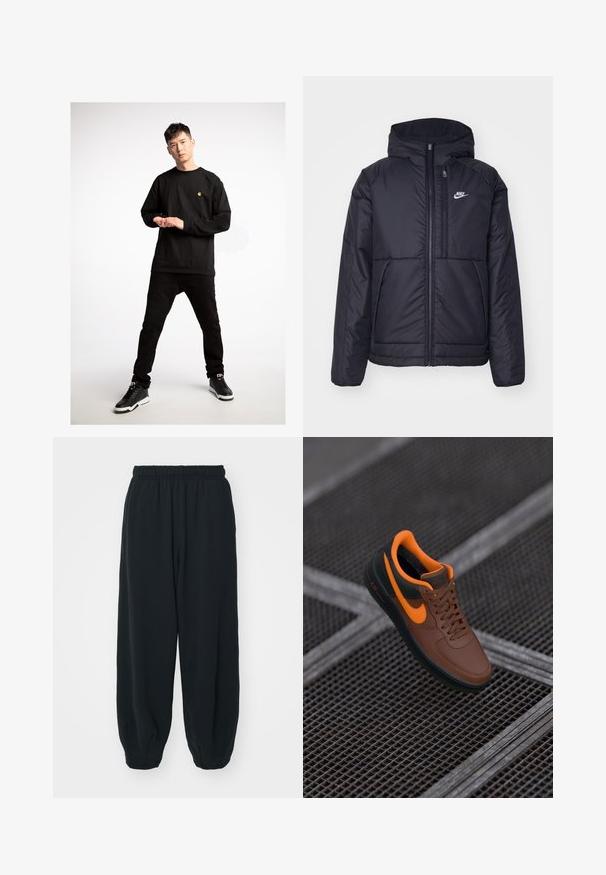 Svart, polstret Nike-jakke med frontglidelås og hette. Har en hvit logo på venstre bryst og doble frontlommer. Glatt ytterside.; Svart langermet skjorte med en liten gul logo, parret med svarte jeans og svarte joggesko, fremhevet av hvite såler.; Sorte, joggebukser med elastisk liv, løs passform, mansjetter på ankler, glatt tekstur og uten synlige mønstre eller hardware-detaljer.; Brune lærersneaker med oransje detaljer, rund tå, snøring og teksturert overflate. Grønn gummisåle med "AIR"-merke synlig.