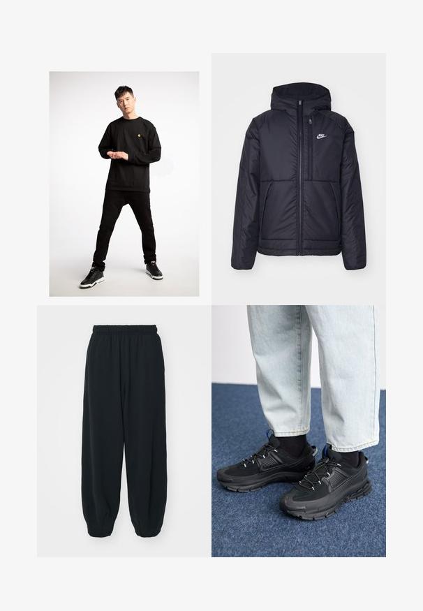 Must musta Nike jope, millel on ees lukuga avamine ja kapuuts. Vasakpoolne rind on kaunistatud valge logoga ning ees on kaks taskut. Sile välimine tekstuur.; Mustaga pikkade varrukatega särk, millel on väike kollane logo, koos mustade teksade ja mustade spordijalanõudega, millel on valged tallad.; Mustade elastse vöökoha ja laia lõikega dressipüksid, mansetiga sääred, sile tekstuur ning ilma nähtavate mustrite või detailideta.; Mustad mustad jooksukingad, millel on tekstureeritud kangas ja kummist tallad, elastsed nöörid ning sinine aksent kandadel. Kandmine heledate teksadega.