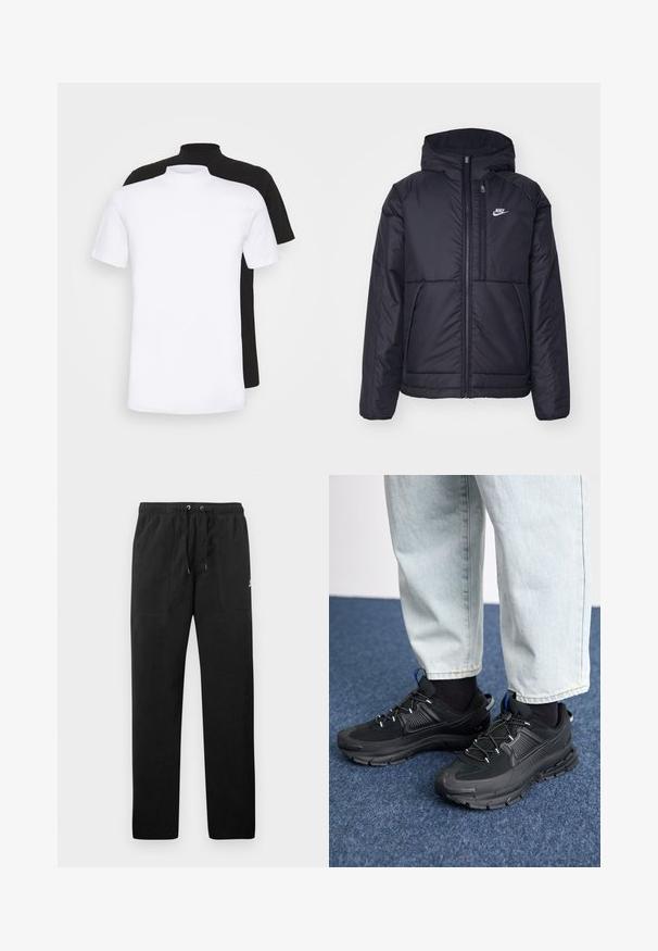 Sort, polstret Nike-jakke med frontlynlås og hætte. Har et hvidt logo på venstre bryst og to frontlommer. Glat ydre tekstur.; To korteærmede t-shirts, en hvid og en sort, med design med høj hals lavet af blødt bomuldsstof.; Sorte sweatpants lavet af fleece, med en elastisk talje med snore, to frontlommer og et lille logo på låret.; Sorte træningssko med tekstureret stof og gummisåler, udstyret med elastiske snørebånd og en blå detalje på hælen. Bæres med lyse denimbukser.