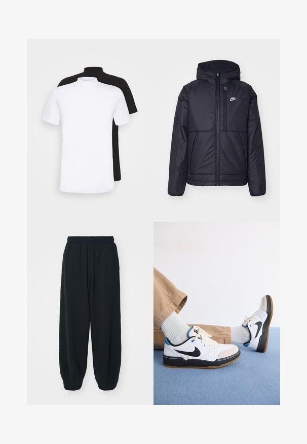 Čierna, polstrovaná bunda Nike so zipsom vpredu a kapucňou. Na ľavej strane hrude sa nachádza biele logo a sú tu dva predné vrecká. Hladký vonkajší povrch.; Dvoje tričiek s krátkym rukávom, jedno biele a jedno čierne, s vysokým golierom vyrobené z jemnej bavlny.; Čierne tepláky s elastickým pásom, vo voľnom strihu, s manžetami na členkoch, hladkej textúry a bez viditeľných vzorov alebo kovových doplnkov.; Biele a čierne tenisky Nike s modrými akcentmi, s hladkým koženým zvrškom, gumovou podrážkou a šnurovaním. Svetlosivé ponožky a béžové nohavice.