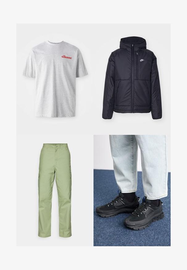 Juodas, paminkštintas Nike džemperis su priekyje užtrauktuku ir gobtuvu. Pasižymi balta logo kairėje krūtinės pusėje ir dviem priekinėmis kišenėmis. Su lygiu išoriniu paviršiumi.; Pilkas medvilnės marškinėliai su apvaliu kaklu ir trumpomis rankovėmis. Kairėje krūtinės pusėje yra raudonas "ellesse" logotipas. Minkšta tekstūra, laisvalaikio stilius.; Šviesiai žalia cargo stiliaus kelnės, pagamintos iš tvirtos medžiagos, pasižyminčios tiesia koja, dviem šoninėms kišenėms ir mygtukų užsegimu juosmens srityje.; Juodi sportiniai bateliai su tekstūruota medžiaga ir guminiais padais, su elastingomis raišteliais ir mėlynu akcentu ant kulno. Dėvimi su šviesiai mėlynomis džinsinėmis kelnėmis.
