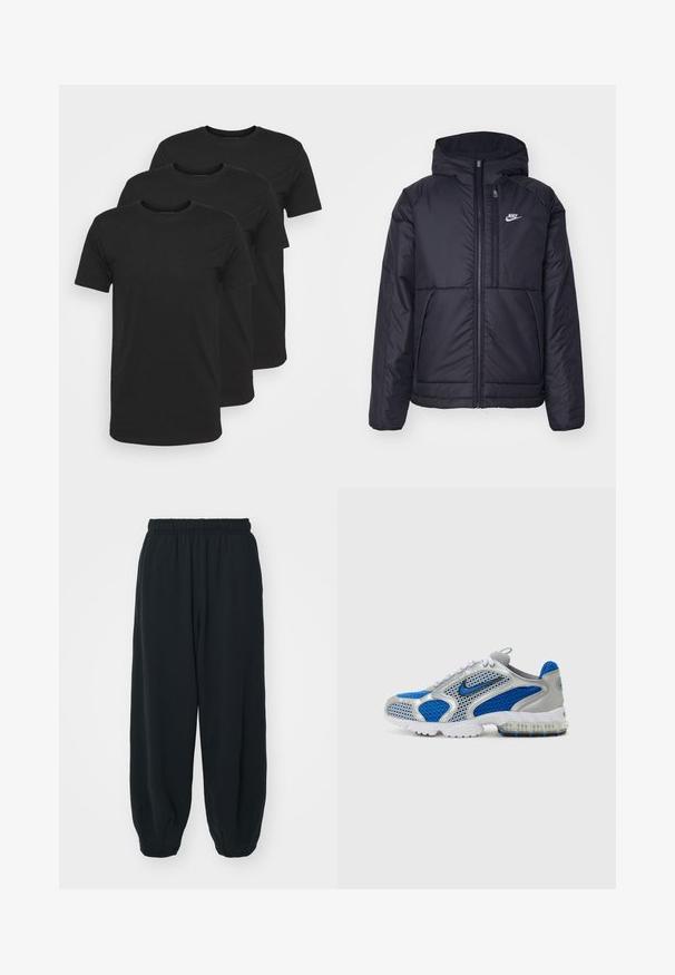 Casaco Nike preto, acolchoado, com fecho à frente e capuz. Apresenta um logo branco no lado esquerdo do peito e dois bolsos frontais. Textura exterior lisa.; Três camisetas de algodão pretas, de mangas curtas, com decote redondo, textura suave, sem padrões visíveis, empilhadas verticalmente contra um fundo branco.; Calças de fato de treino pretas, com cintura elástica e um corte solto, com punhos nas pernas, textura suave e sem padrões visíveis ou detalhes de metal.; Sapatilhas atléticas azuis e prateadas com painéis em malha, um colarinho almofadado e uma sola translúcida com detalhes em azul. Os atacadores em contraste completam o design.