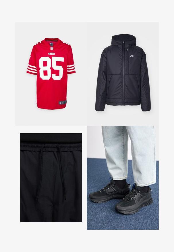 Svart, vadderad Nike-jacka med dragkedja framtill och huva. Har en vit logotyp på vänster bröst och dubbla framfickor. Slät yttextur.; Röd NFL-tröja med vita detaljer, med numret "85" och "49ERS" tryckt på framsidan. Korta ärmar med vita ränder, Nike-logga vid kragen.; Svarta shorts med dragsko i midjan, lättviktig tyg med en slät yta och en enkel design utan synliga logotyper eller mönster.; Svarta sportskor med texturerat tyg och gummisulor, med elastiska snörningar och en blå detalj på hälen. Bärs med ljusa jeans.