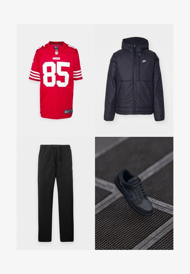 Juodas, paminkštintas Nike džemperis su priekyje užtrauktuku ir gobtuvu. Pasižymi balta logo kairėje krūtinės pusėje ir dviem priekinėmis kišenėmis. Su lygiu išoriniu paviršiumi.; Raudonas NFL marškinėlis su baltais akcentais, kuriame yra numeris "85" ir "49ERS" užrašas ant priekio. Trumpi rankoviai su baltais dryžiais, Nike logotipas apykaklėje.; Juodos vilnonės kelnės su elastiniu juosmeniu ir raišteliais, dviem priekinėmis kišenėmis ir maža slogo ant šlaunies.; Juodas oda Nike sportbačiai su apvaliu pirštu, perforuota priekiu ir tekstūruota guma. Įtraukiami raišteliai ir subtilus prekės ženklas.