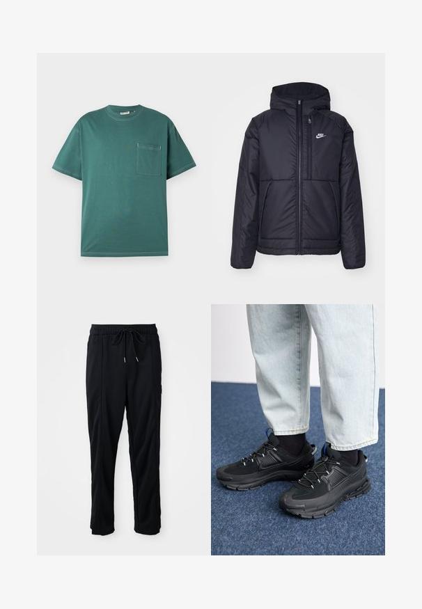 Casaco Nike preto, acolchoado, com fecho à frente e capuz. Apresenta um logo branco no lado esquerdo do peito e dois bolsos frontais. Textura exterior lisa.; T-shirt de manga curta em verde-água com costura branca e um bolso no peito do lado esquerdo, exibido contra um fundo branco simples.; Calças casuais pretas com cordão na cintura, com bolsos laterais e corte reto, sobre um fundo simples.; Sapatilhas desportivas pretas com tecido texturizado e solas em borracha, apresentando atacadores elásticos e um detalhe azul no calcanhar. Usadas com calças de ganga claras.