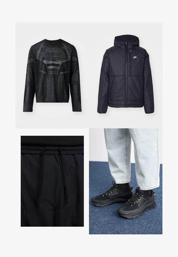 Zwarte, gewatteerde Nike-jas met een voorkant met ritssluiting en capuchon. Kenmerkt zich door een wit logo op de linkerborst en dubbele frontzakken. Gladde buitenkant.; Zwart sportshirt met lange mouwen, voorzien van een gestructureerde grafische print in donkergrijs, met 'MISHV' en 'SPORT' branding op de voorkant.; Zwarte shorts met een drawstring tailleband, lichtgewicht stof met een zachte textuur en een eenvoudig ontwerp zonder zichtbare logo's of patronen.; Zwarte sportschoenen met gestructureerde stof en rubberen zolen, met elastische veters en een blauwe accent op de hiel. Draag samen met lichte spijkerbroeken.