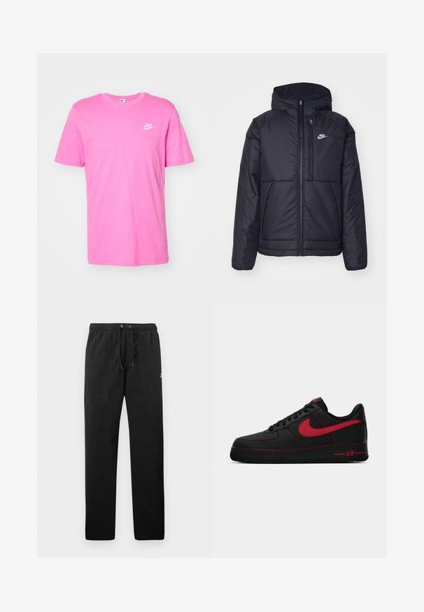 Juodas, paminkštintas Nike džemperis su priekyje užtrauktuku ir gobtuvu. Pasižymi balta logo kairėje krūtinės pusėje ir dviem priekinėmis kišenėmis. Su lygiu išoriniu paviršiumi.; Rožinė medvilninė marškinė su trumpomis rankovėmis ir apvaliu kaklu. Kairėje krūtinės pusėje yra mažas baltas Nike logotipas. Lygi tekstūra ir kasdienis dizainas.; Juodos vilnonės kelnės su elastiniu juosmeniu ir raišteliais, dviem priekinėmis kišenėmis ir maža slogo ant šlaunies.; Juodi oda Nike Air Force 1 sportbačiai su raudonomis detalėmis, pasižymintys lygia tekstūra, perforuotu padu ir kontrastingomis raudonomis siūlėmis.